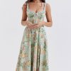 Sexy Tie Neck High Split Floral Printed Summer Midi Sundress - Green Sexy Tie Neck High Split Floral Printed Summer Midi Sundress - Green