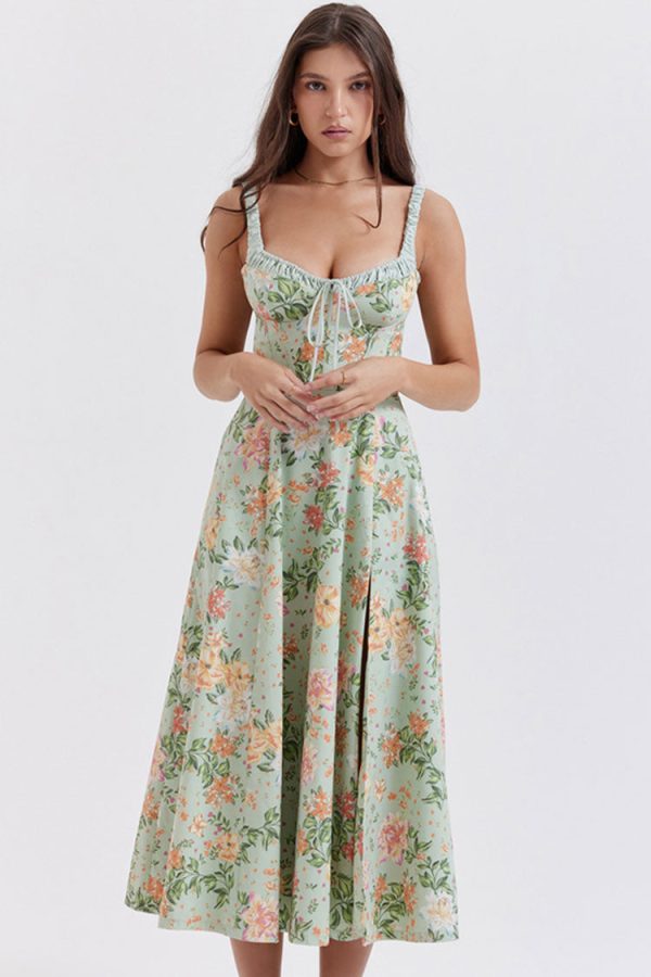 Sexy Tie Neck High Split Floral Printed Summer Midi Sundress - Green Sexy Tie Neck High Split Floral Printed Summer Midi Sundress - Green