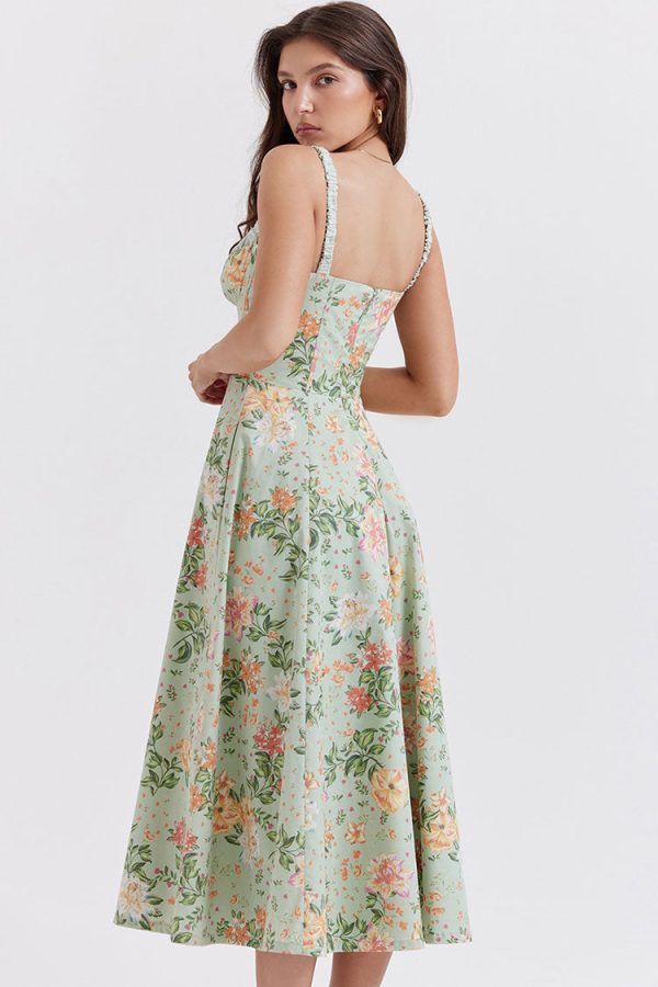 Sexy Tie Neck High Split Floral Printed Summer Midi Sundress - Green Sexy Tie Neck High Split Floral Printed Summer Midi Sundress - Green