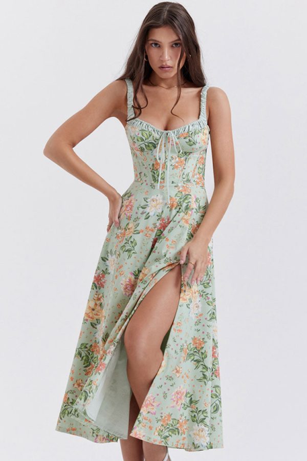 Sexy Tie Neck High Split Floral Printed Summer Midi Sundress - Green Sexy Tie Neck High Split Floral Printed Summer Midi Sundress - Green