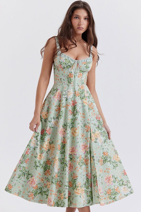 Sexy Tie Neck High Split Floral Printed Summer Midi Sundress - Green Sexy Tie Neck High Split Floral Printed Summer Midi Sundress - Green