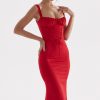 Sexy Tie Neck Lace Up Satin Corset Cocktail Party Midi Dress - Red