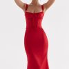 Sexy Tie Neck Lace Up Satin Corset Cocktail Party Midi Dress - Red