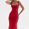 Sexy Tie Neck Lace Up Satin Corset Cocktail Party Midi Dress - Red