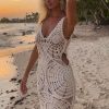 Sexy V Neck Cutout Circle Crochet Open Knit Maxi Beach Vacation Dress - Beige Sexy V Neck Cutout Circle Crochet Open Knit Maxi Beach Vacation Dress - Beige