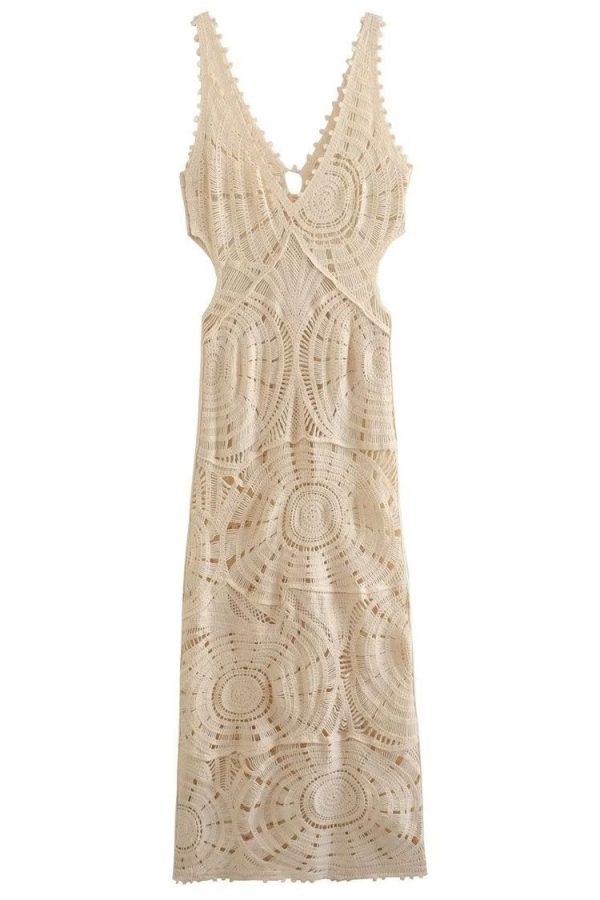 Sexy V Neck Cutout Circle Crochet Open Knit Maxi Beach Vacation Dress - Beige Sexy V Neck Cutout Circle Crochet Open Knit Maxi Beach Vacation Dress - Beige