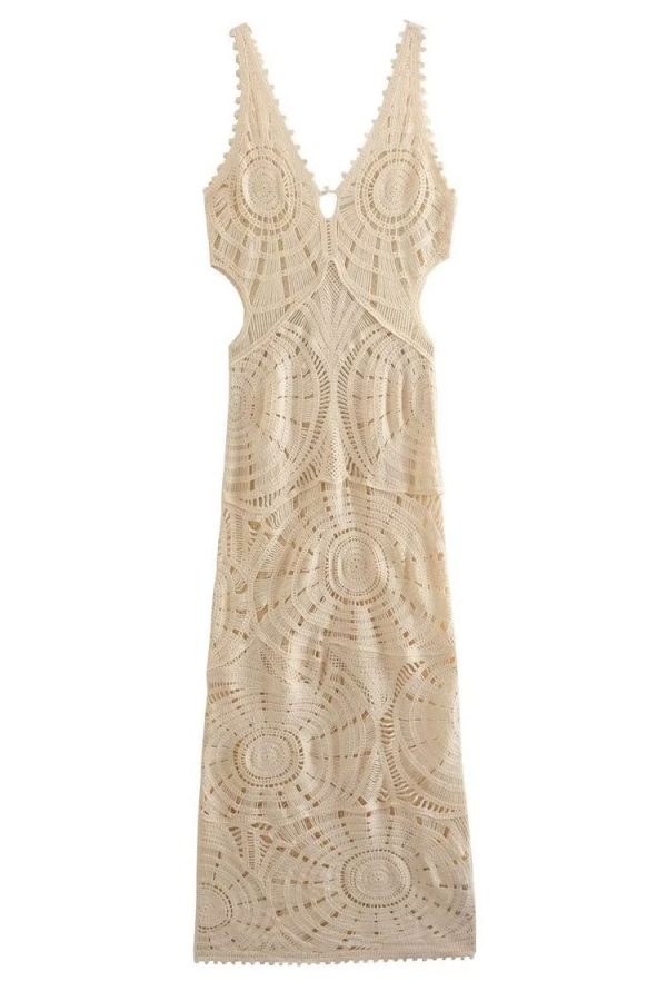 Sexy V Neck Cutout Circle Crochet Open Knit Maxi Beach Vacation Dress - Beige Sexy V Neck Cutout Circle Crochet Open Knit Maxi Beach Vacation Dress - Beige