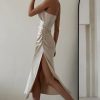Sexy V Neck Ruched Trim High Split Cami Cocktail Party Midi Dress - Champagne Sexy V Neck Ruched Trim High Split Cami Cocktail Party Midi Dress - Champagne
