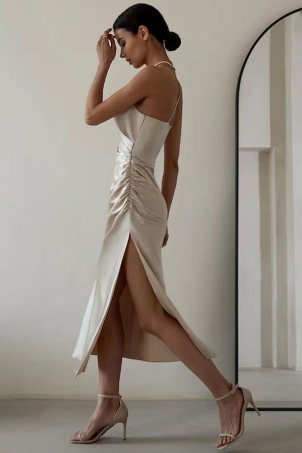 Sexy V Neck Ruched Trim High Split Cami Cocktail Party Midi Dress - Champagne Sexy V Neck Ruched Trim High Split Cami Cocktail Party Midi Dress - Champagne