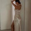 Sexy V Neck Ruched Trim High Split Cami Cocktail Party Midi Dress - Champagne Sexy V Neck Ruched Trim High Split Cami Cocktail Party Midi Dress - Champagne