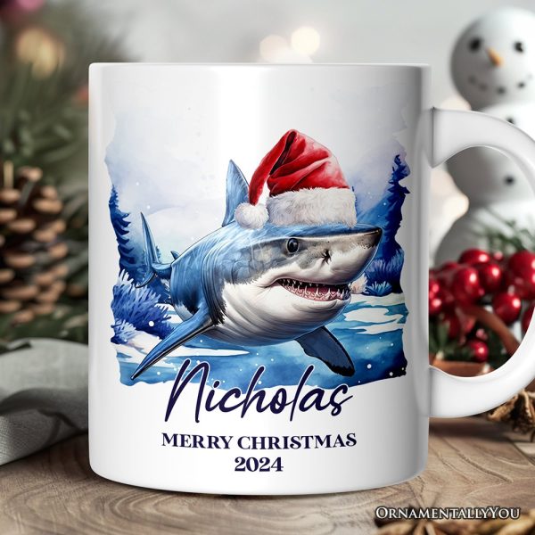 Shark with Santa Hat Personalized Mug, Festive Christmas Gift With Custom Name and Date Shark with Santa Hat Personalized Mug, Festive Christmas Gift With Custom Name and Date