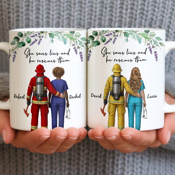 She Saves Lives And He Rescues Them, Featuring Firefighter And Nurse - Personalized Custom Coffee Mug - CPL1207_MG She Saves Lives And He Rescues Them, Featuring Firefighter And Nurse - Personalized Custom Coffee Mug - CPL1207_MG