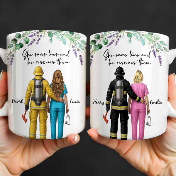 She Saves Lives And He Rescues Them, Featuring Firefighter And Nurse - Personalized Custom Coffee Mug - CPL1207_MG She Saves Lives And He Rescues Them, Featuring Firefighter And Nurse - Personalized Custom Coffee Mug - CPL1207_MG