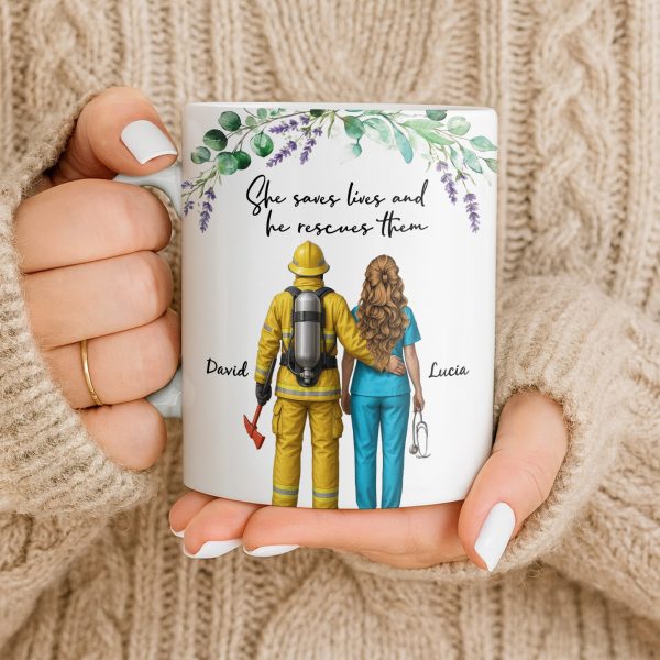 She Saves Lives And He Rescues Them, Featuring Firefighter And Nurse - Personalized Custom Coffee Mug - CPL1207_MG She Saves Lives And He Rescues Them, Featuring Firefighter And Nurse - Personalized Custom Coffee Mug - CPL1207_MG