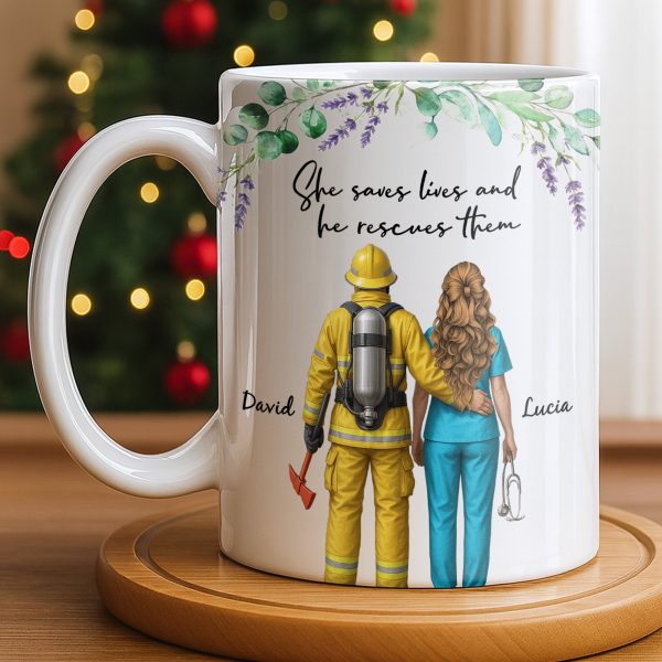 She Saves Lives And He Rescues Them, Featuring Firefighter And Nurse - Personalized Custom Coffee Mug - CPL1207_MG She Saves Lives And He Rescues Them, Featuring Firefighter And Nurse - Personalized Custom Coffee Mug - CPL1207_MG
