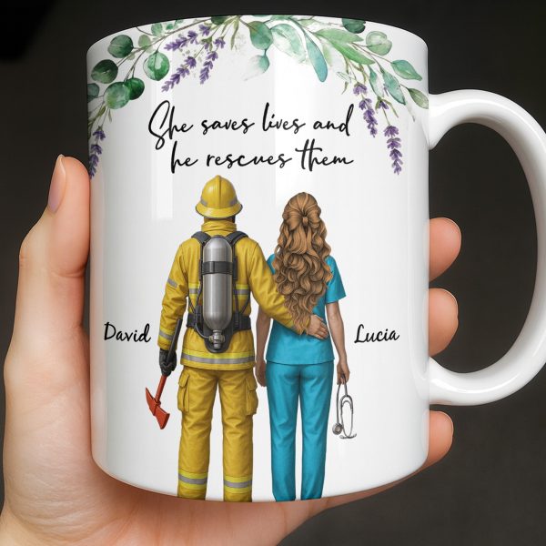 She Saves Lives And He Rescues Them, Featuring Firefighter And Nurse - Personalized Custom Coffee Mug - CPL1207_MG She Saves Lives And He Rescues Them, Featuring Firefighter And Nurse - Personalized Custom Coffee Mug - CPL1207_MG