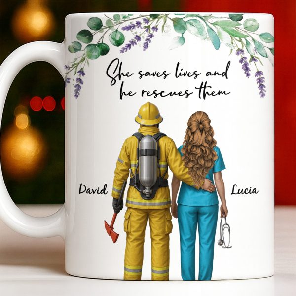 She Saves Lives And He Rescues Them, Featuring Firefighter And Nurse - Personalized Custom Coffee Mug - CPL1207_MG She Saves Lives And He Rescues Them, Featuring Firefighter And Nurse - Personalized Custom Coffee Mug - CPL1207_MG