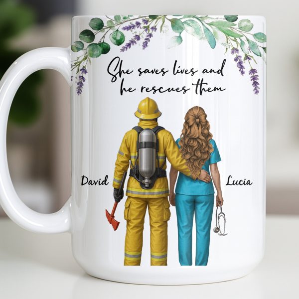 She Saves Lives And He Rescues Them, Featuring Firefighter And Nurse - Personalized Custom Coffee Mug - CPL1207_MG She Saves Lives And He Rescues Them, Featuring Firefighter And Nurse - Personalized Custom Coffee Mug - CPL1207_MG