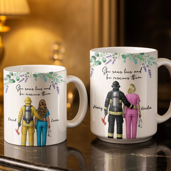She Saves Lives And He Rescues Them, Featuring Firefighter And Nurse - Personalized Custom Coffee Mug - CPL1207_MG She Saves Lives And He Rescues Them, Featuring Firefighter And Nurse - Personalized Custom Coffee Mug - CPL1207_MG