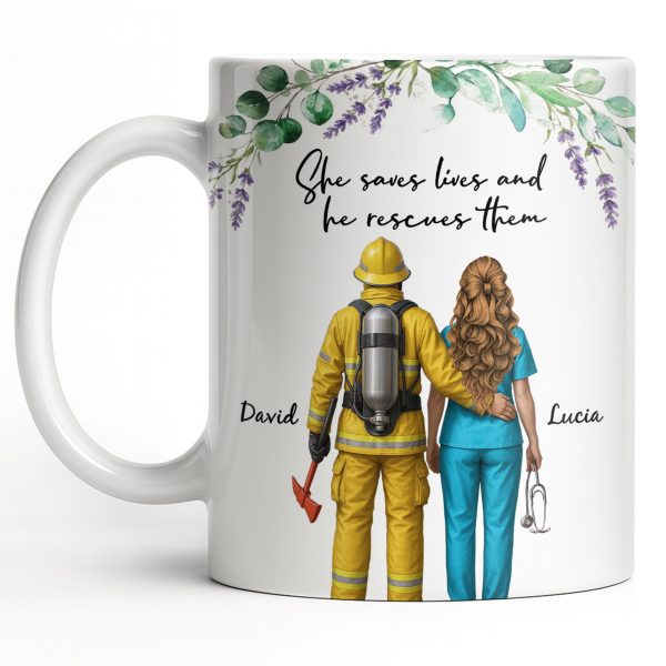 She Saves Lives And He Rescues Them, Featuring Firefighter And Nurse - Personalized Custom Coffee Mug - CPL1207_MG She Saves Lives And He Rescues Them, Featuring Firefighter And Nurse - Personalized Custom Coffee Mug - CPL1207_MG