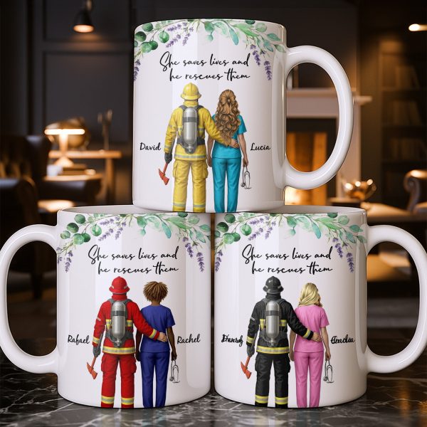 She Saves Lives And He Rescues Them, Featuring Firefighter And Nurse - Personalized Custom Coffee Mug - CPL1207_MG She Saves Lives And He Rescues Them, Featuring Firefighter And Nurse - Personalized Custom Coffee Mug - CPL1207_MG