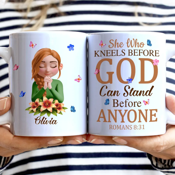She Who Kneels Before God Can Stand Before - Personalized White Edge-to-Edge Mug She Who Kneels Before God Can Stand Before - Personalized White Edge-to-Edge Mug