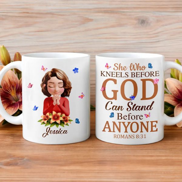 She Who Kneels Before God Can Stand Before - Personalized White Edge-to-Edge Mug She Who Kneels Before God Can Stand Before - Personalized White Edge-to-Edge Mug
