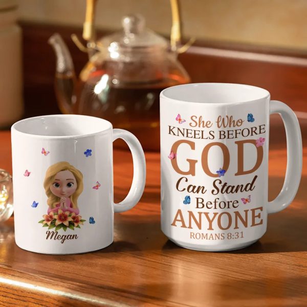 She Who Kneels Before God Can Stand Before - Personalized White Edge-to-Edge Mug She Who Kneels Before God Can Stand Before - Personalized White Edge-to-Edge Mug