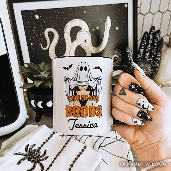 Show Me Your Boobs Halloween Personalized Mug, Funny Naughty Pun Ghost Gift with Custom Name Show Me Your Boobs Halloween Personalized Mug, Funny Naughty Pun Ghost Gift with Custom Name