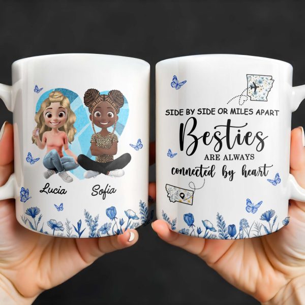 Side By Side Or Miles Apart, Besties Are Always Connected By Heart, Butterflies and Flowers - Personalized Custom Coffee Mug - BST168_MG Side By Side Or Miles Apart, Besties Are Always Connected By Heart, Butterflies and Flowers - Personalized Custom Coffee Mug - BST168_MG