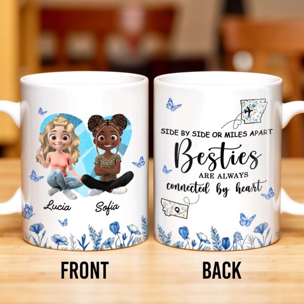 Side By Side Or Miles Apart, Besties Are Always Connected By Heart, Butterflies and Flowers - Personalized Custom Coffee Mug - BST168_MG Side By Side Or Miles Apart, Besties Are Always Connected By Heart, Butterflies and Flowers - Personalized Custom Coffee Mug - BST168_MG