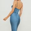 Silky Cowl Neck Corset Satin Midi Cocktail Dress - Blue