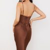 Silky Cowl Neck Corset Satin Midi Cocktail Dress - Coffee Silky Cowl Neck Corset Satin Midi Cocktail Dress - Coffee