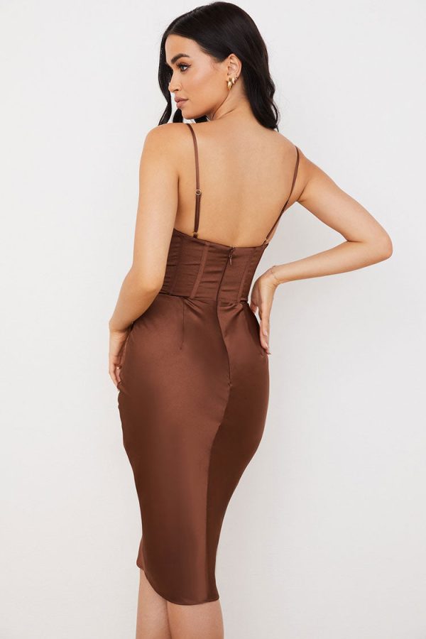 Silky Cowl Neck Corset Satin Midi Cocktail Dress - Coffee Silky Cowl Neck Corset Satin Midi Cocktail Dress - Coffee