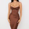 Silky Cowl Neck Corset Satin Midi Cocktail Dress - Coffee Silky Cowl Neck Corset Satin Midi Cocktail Dress - Coffee