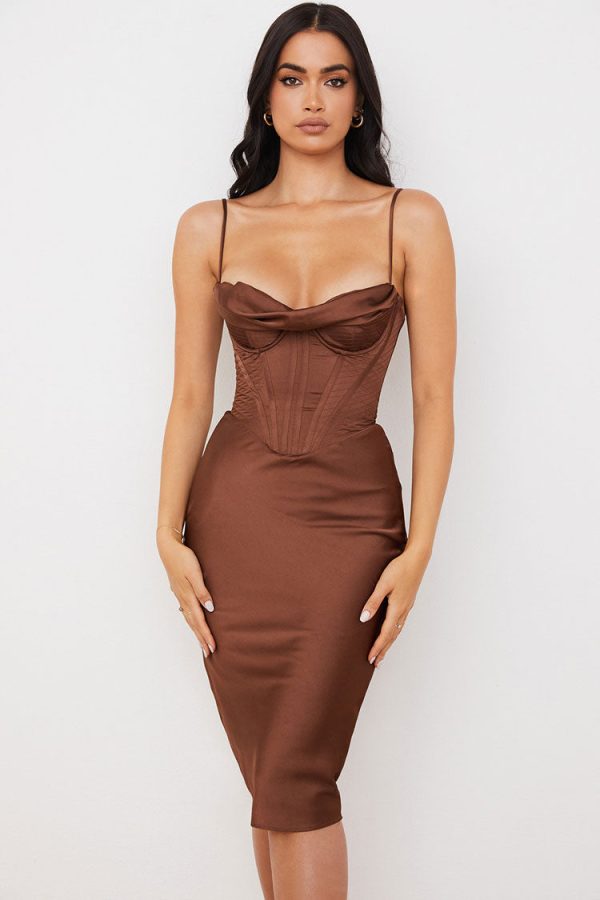 Silky Cowl Neck Corset Satin Midi Cocktail Dress - Coffee Silky Cowl Neck Corset Satin Midi Cocktail Dress - Coffee