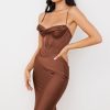 Silky Cowl Neck Corset Satin Midi Cocktail Dress - Coffee Silky Cowl Neck Corset Satin Midi Cocktail Dress - Coffee