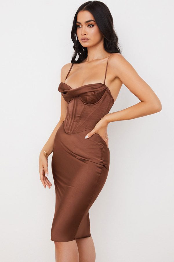 Silky Cowl Neck Corset Satin Midi Cocktail Dress - Coffee Silky Cowl Neck Corset Satin Midi Cocktail Dress - Coffee
