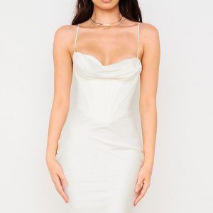 Silky Cowl Neck Corset Satin Midi Cocktail Dress - White