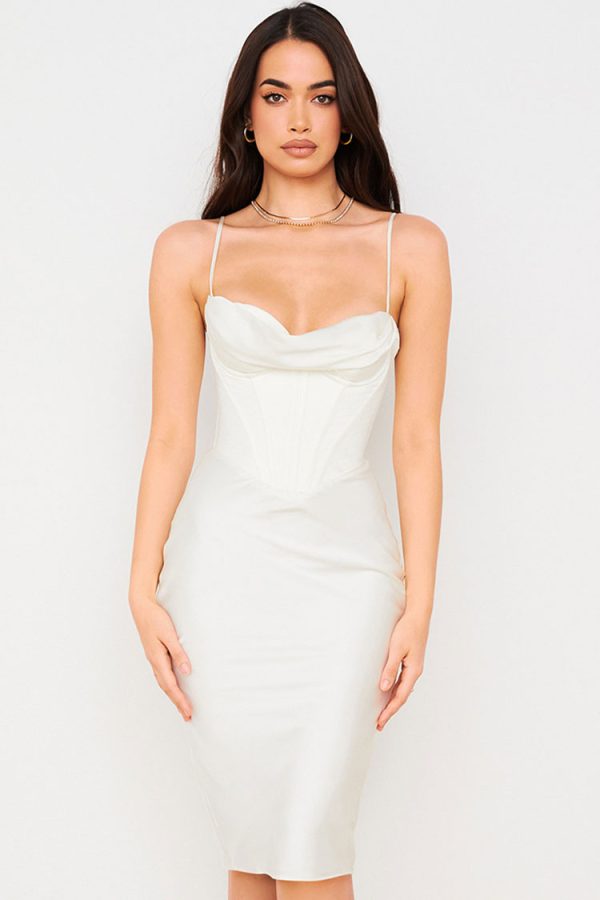 Silky Cowl Neck Corset Satin Midi Cocktail Dress - White Silky Cowl Neck Corset Satin Midi Cocktail Dress - White