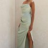 Silky High Slit Strapless Ruched Satin Maxi Dress - Sage Green Silky High Slit Strapless Ruched Satin Maxi Dress - Sage Green