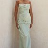 Silky High Slit Strapless Ruched Satin Maxi Dress - Sage Green Silky High Slit Strapless Ruched Satin Maxi Dress - Sage Green