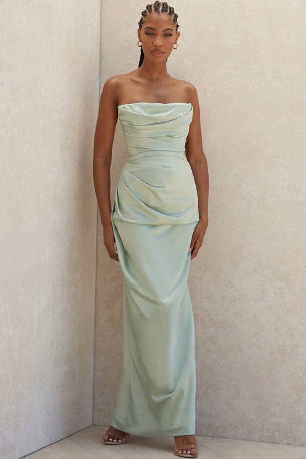 Silky High Slit Strapless Ruched Satin Maxi Dress - Sage Green Silky High Slit Strapless Ruched Satin Maxi Dress - Sage Green