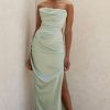 Silky High Slit Strapless Ruched Satin Maxi Dress - Sage Green Silky High Slit Strapless Ruched Satin Maxi Dress - Sage Green