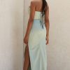 Silky High Slit Strapless Ruched Satin Maxi Dress - Sage Green Silky High Slit Strapless Ruched Satin Maxi Dress - Sage Green