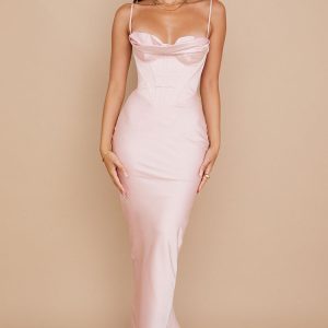 Silky Satin Bustier Spaghetti Strap Corset Formal Maxi Dress - Pink