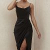 Silky Satin Cowl Neck High Slit Cocktail Party Midi Dress - Black