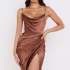 Silky Satin Cowl Neck High Slit Cocktail Party Midi Dress - Chocolate