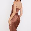 Silky Satin Cowl Neck High Slit Cocktail Party Midi Dress - Chocolate