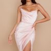 Silky Satin Cowl Neck High Slit Cocktail Party Midi Dress - Pink